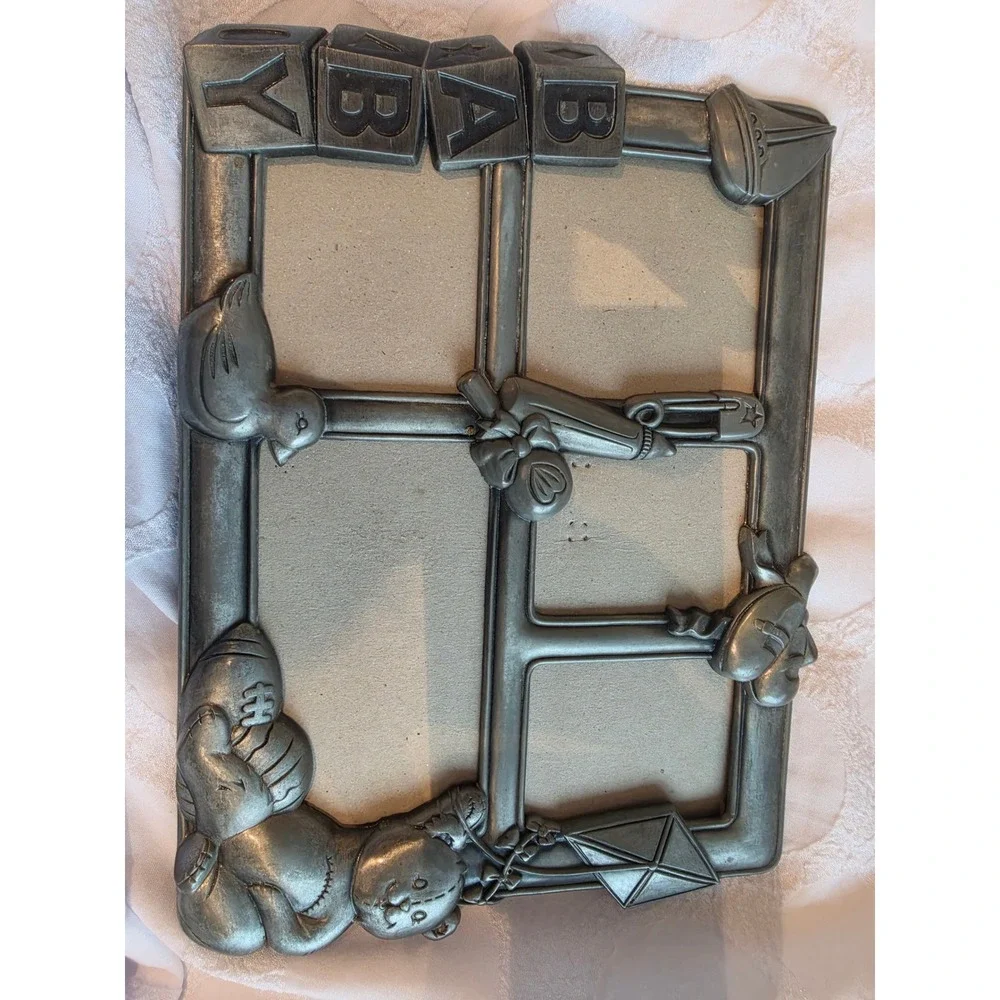 Vintage Pewter Tone Metal Baby Picture Frame 4-Opening Nursery Teddy Bear Blocks